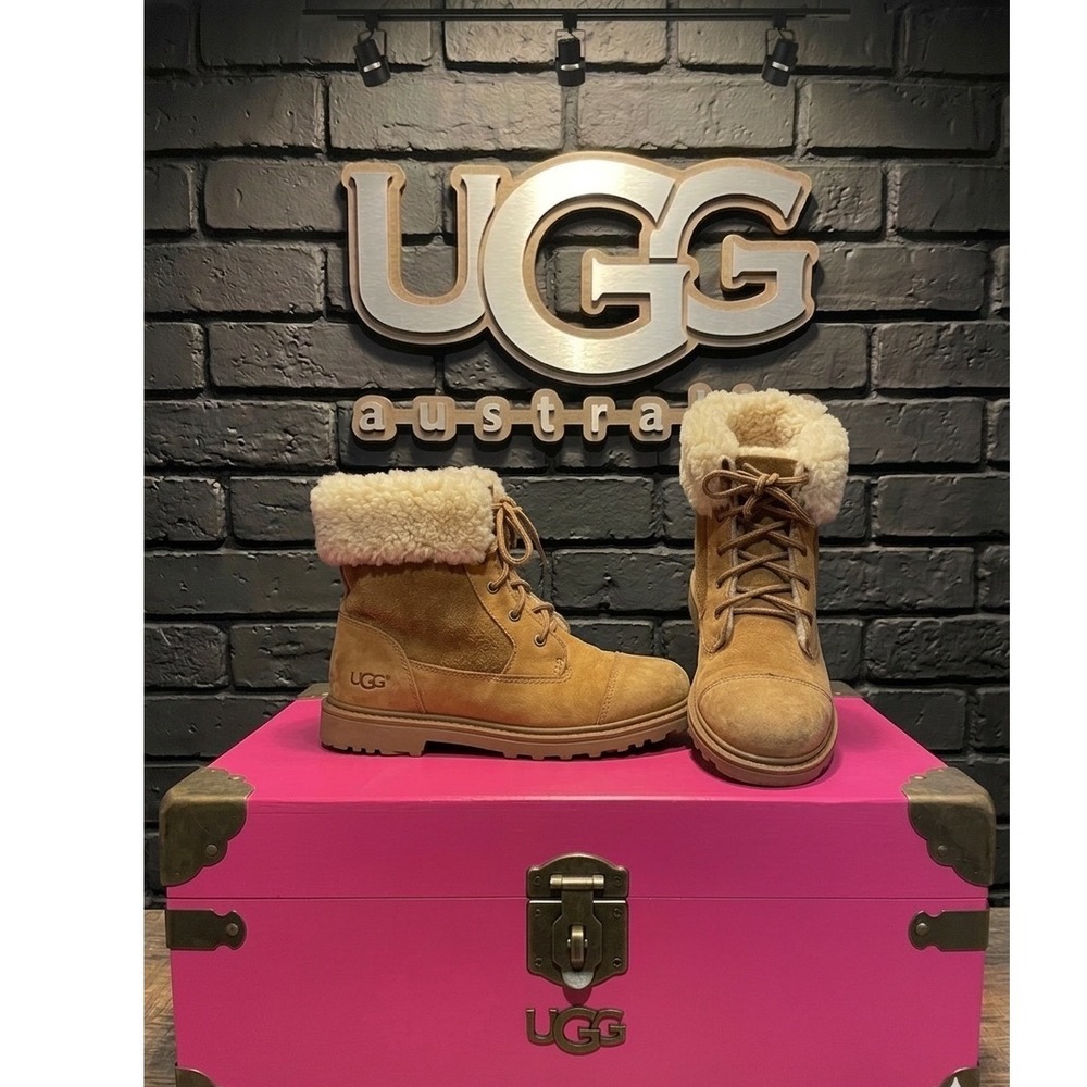 🔥UGG Australia Shearling🩷🤎🩷 Tan Suede Lace Up Boots 7‎ Coquette  sheepskin